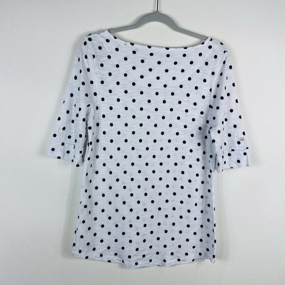 Chico's Size Small 4 0 Polka Dot Elbow Sleeve Slub Knit Top White Black - Picture 2 of 4